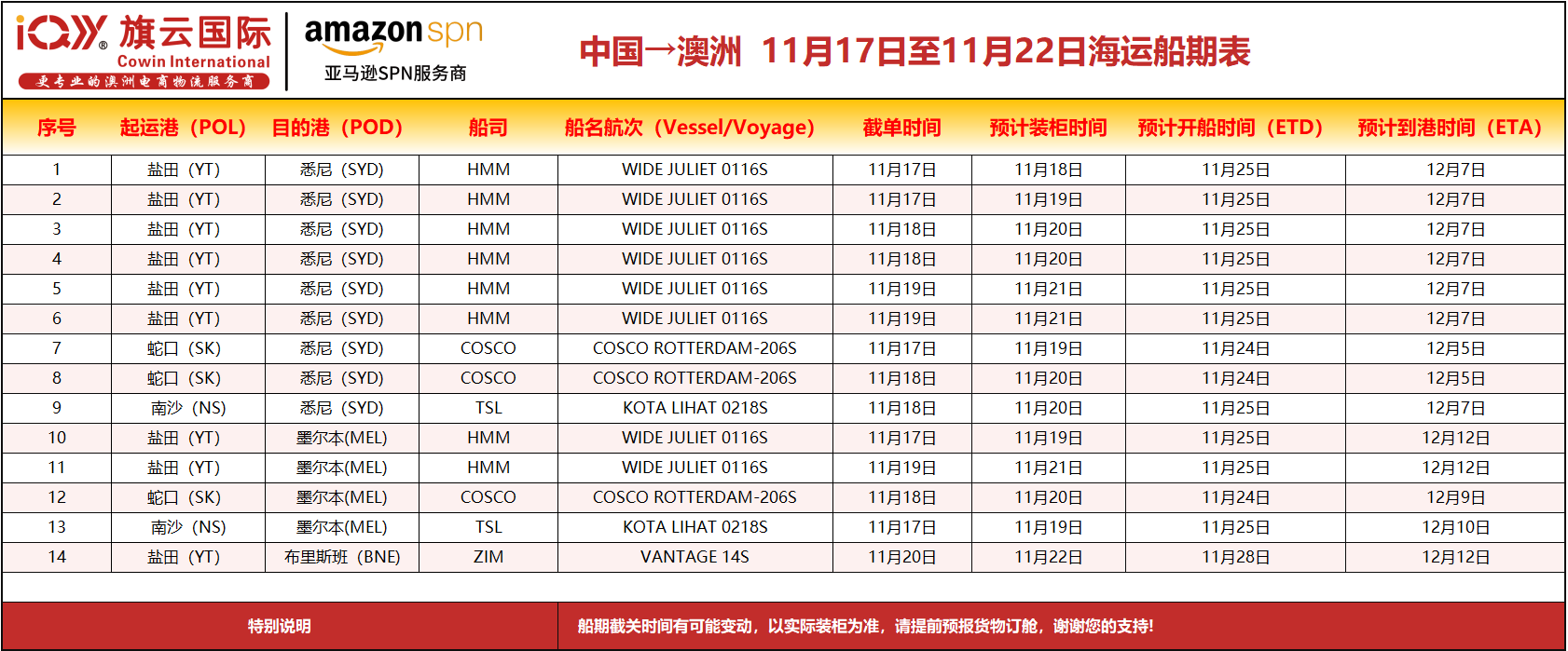 旗云国际物流，2025年11月17日-11月22日澳洲专线装柜计划