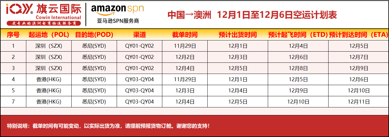 旗云国际-澳洲专线：2025年12月1日-12月6日装柜计划