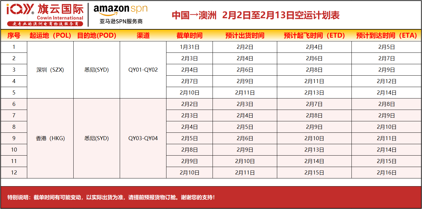 旗云国际-澳洲专线：2026年2月2日-2月13日装柜计划