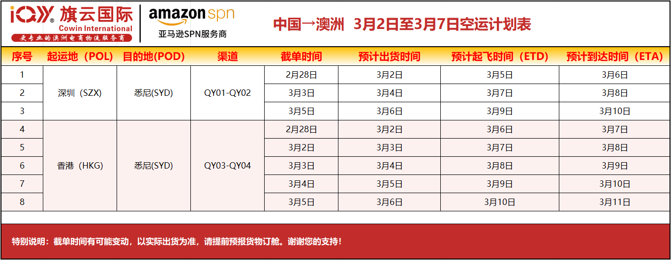 旗云国际-澳洲专线：2026年3月2日-3月7日装柜计划