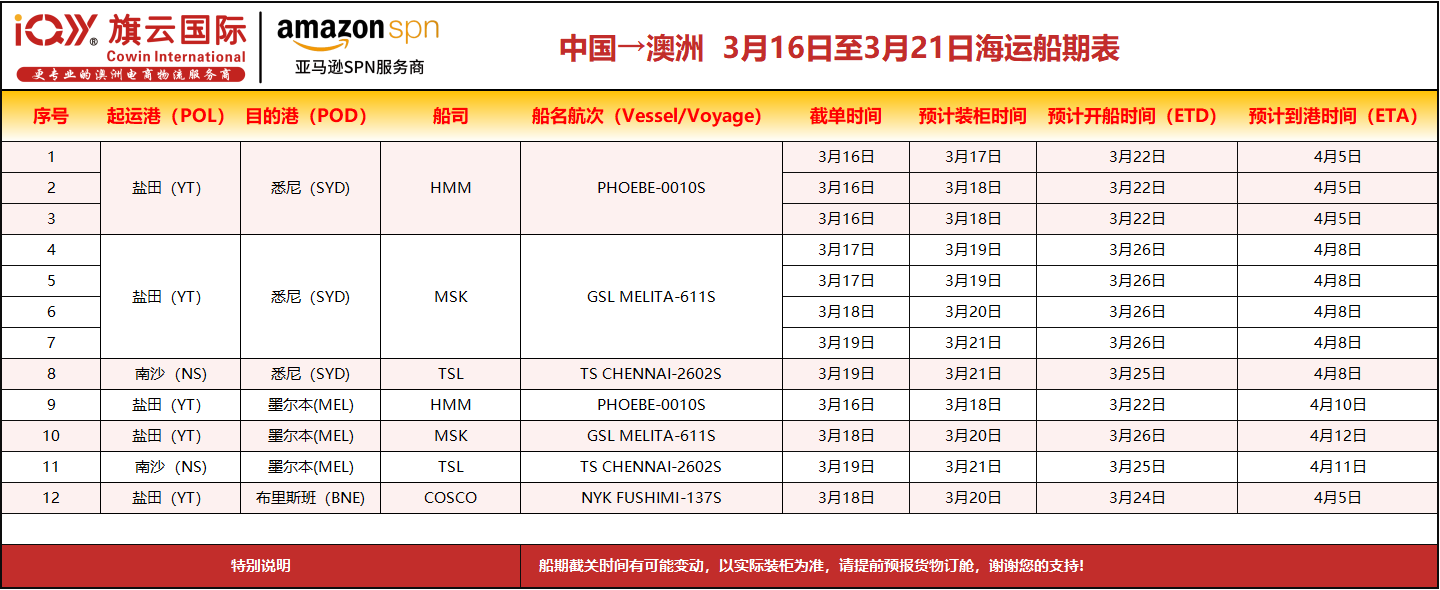 旗云国际-澳洲专线：2026年3月16日-3月21日装柜计划