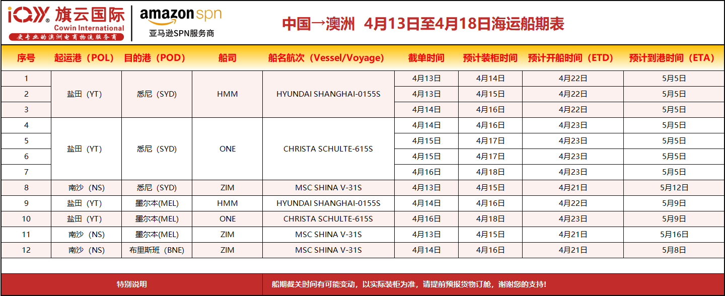 旗云国际-澳洲专线：2026年4月13日-4月18日装柜计划