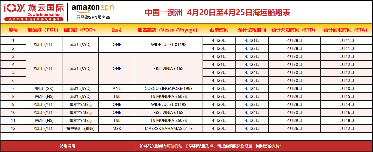 旗云国际-澳洲专线：2026年4月20日-4月25日装柜计划