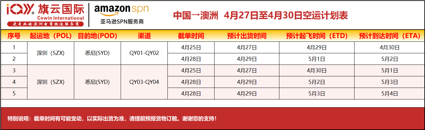 旗云国际-澳洲专线：2026年4月27日-4月30日装柜计划