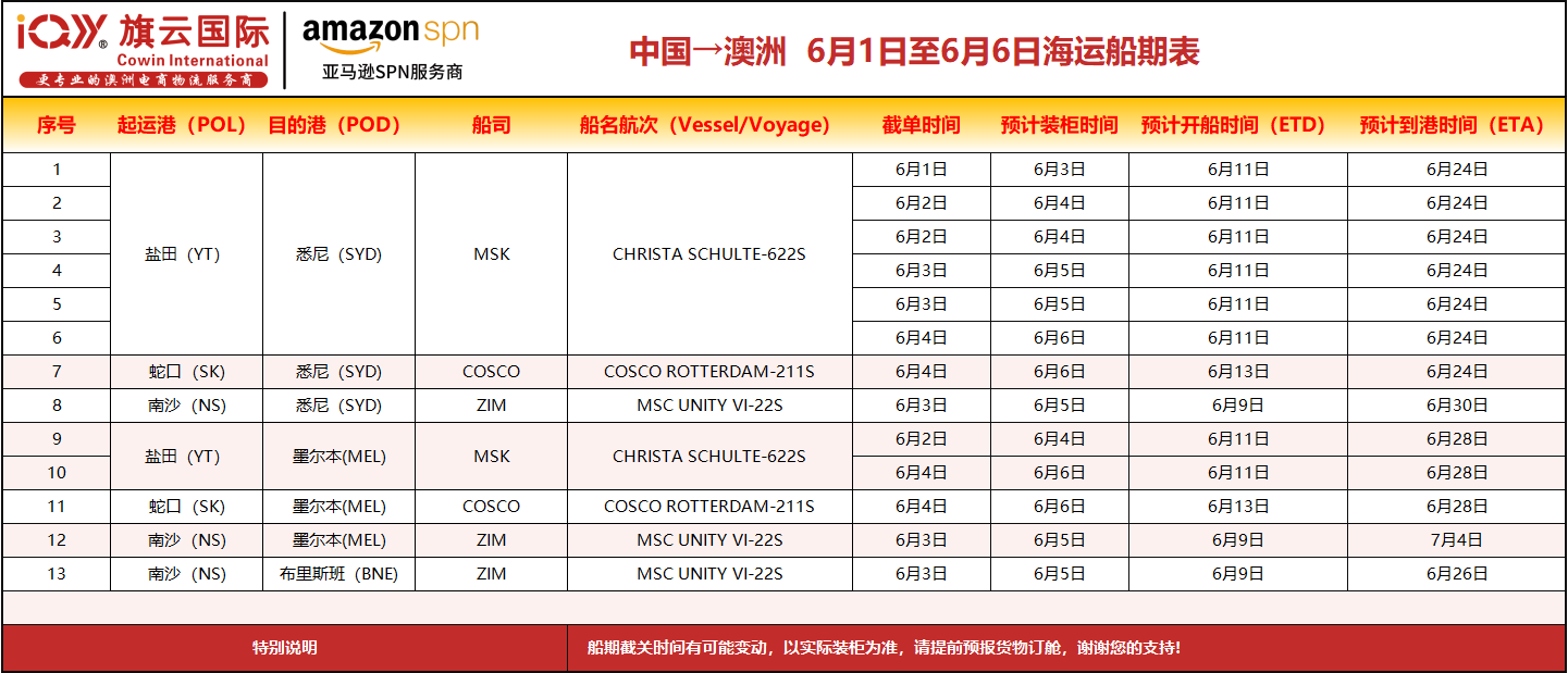 旗云国际-澳洲专线：2026年6月1日-6月6日装柜计划