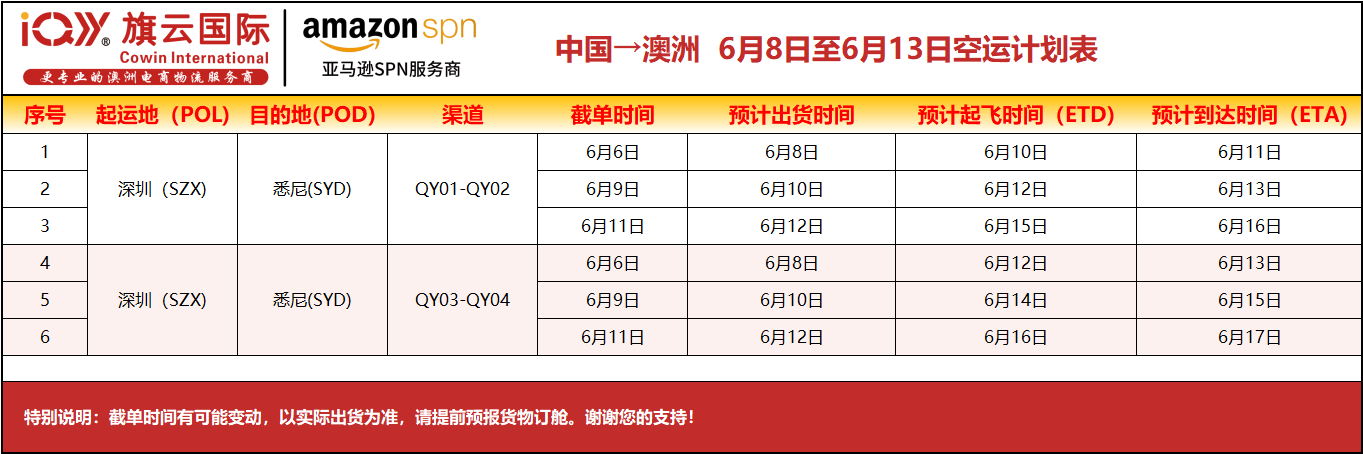 旗云国际-澳洲专线：2026年6月8日-6月13日装柜计划
