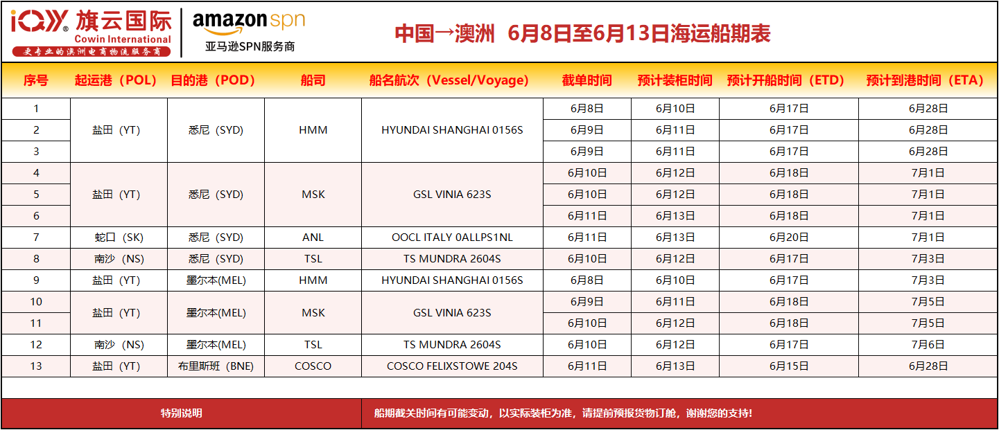 旗云国际-澳洲专线：2026年6月8日-6月13日装柜计划