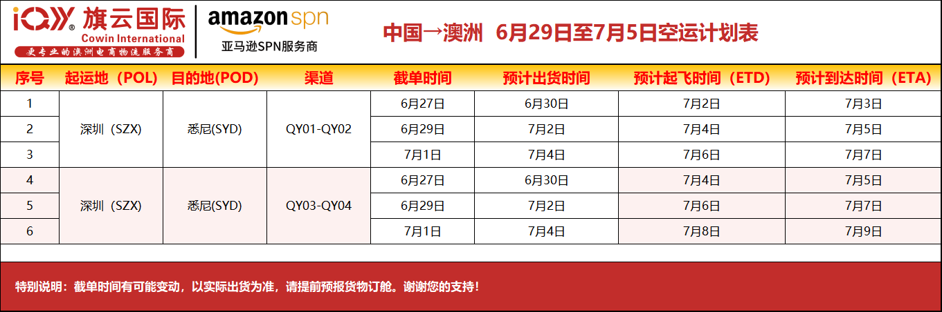 旗云国际-澳洲专线：2026年6月29日-7/5日装柜计划