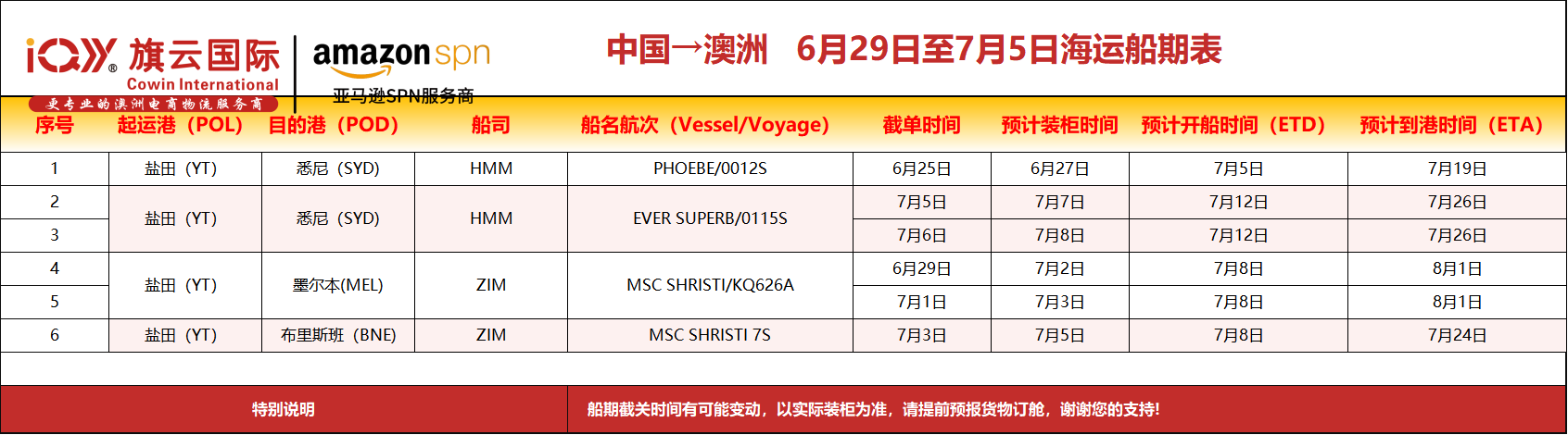 2026年6月29日-7/5日装柜计划