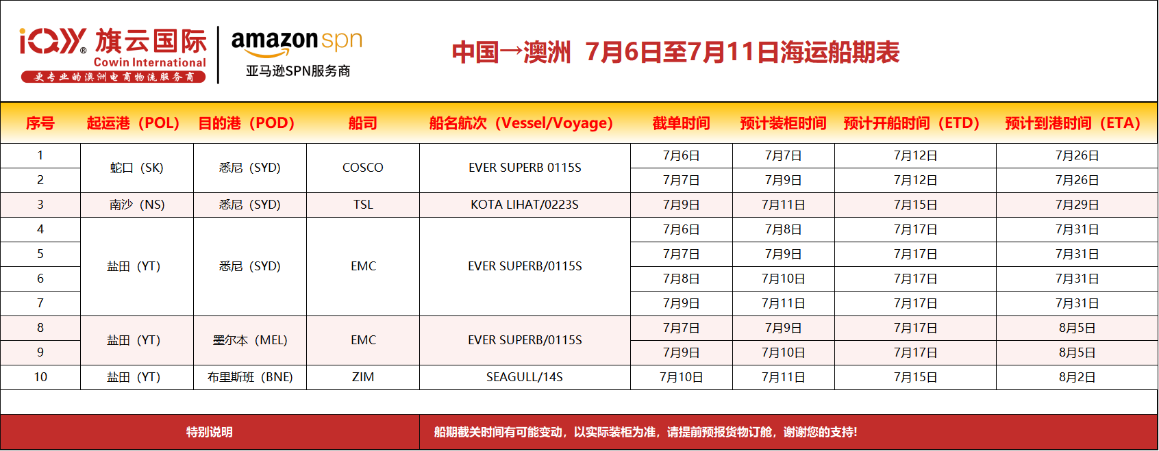 旗云国际-澳洲专线：2026年7月6日-7/11日装柜计划