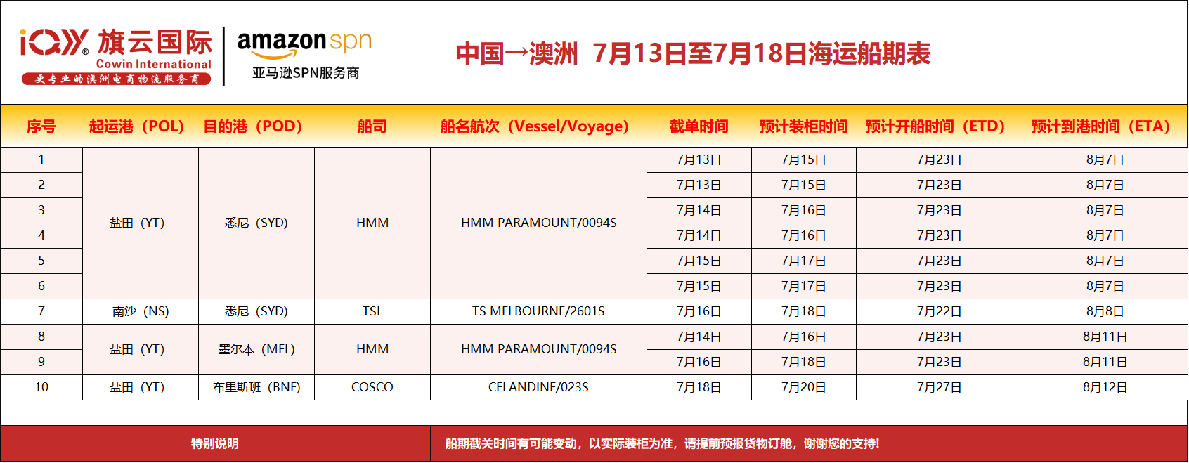 旗云国际-澳洲专线：2026年7月13日-7月18日装柜计划