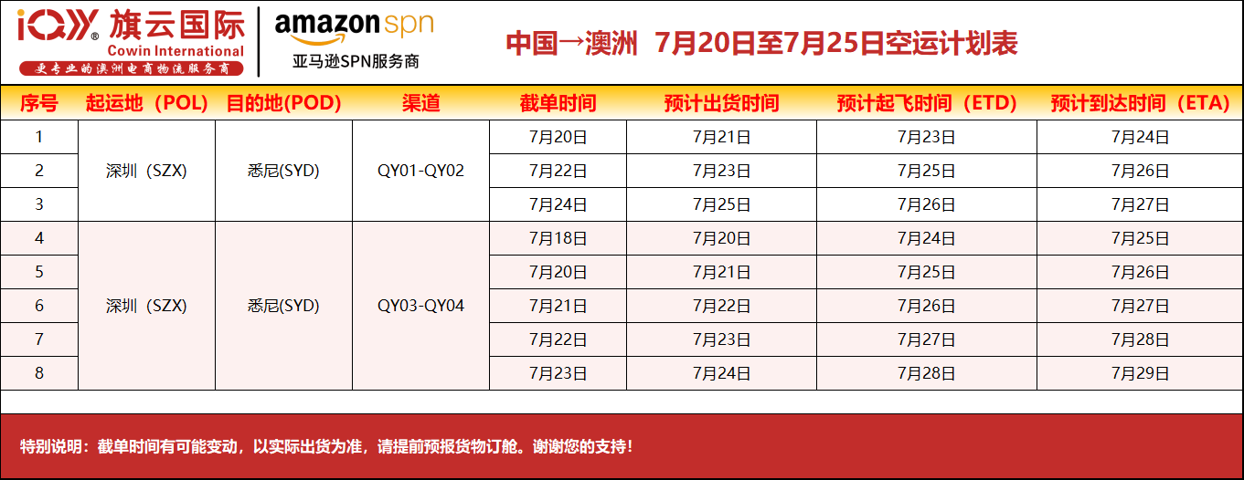 旗云国际-澳洲专线：2026年7月20日-7月25日装柜计划