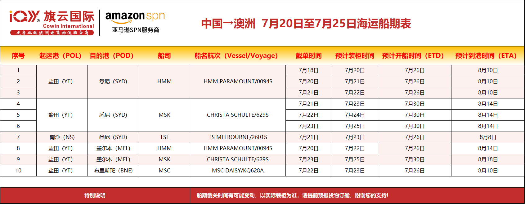 旗云国际-澳洲专线：2026年7月20日-7月25日装柜计划