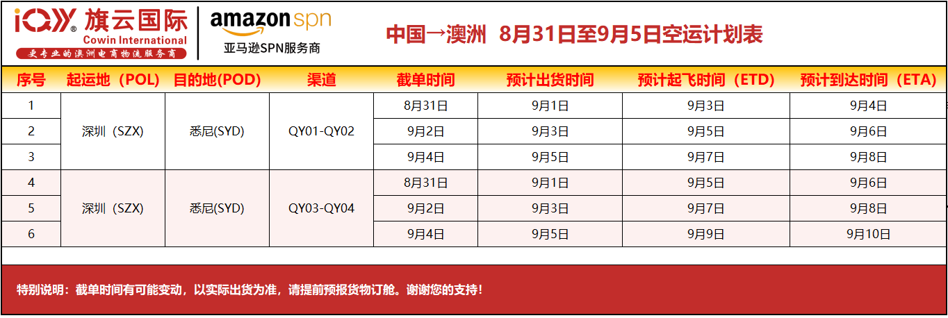 旗云国际-澳洲专线：2026年8月31日-9月5日装柜计划