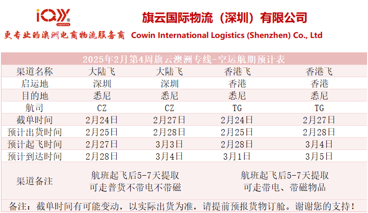 旗云国际物流：2025年2月24日-3月1日澳大利亚专线装柜计划