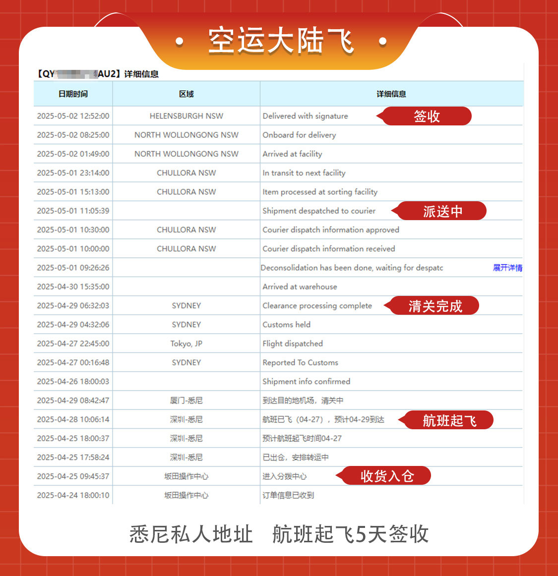 空运悉尼私人地时效 空运悉尼大陆飞：悉尼私人地址 航班起飞5天签收