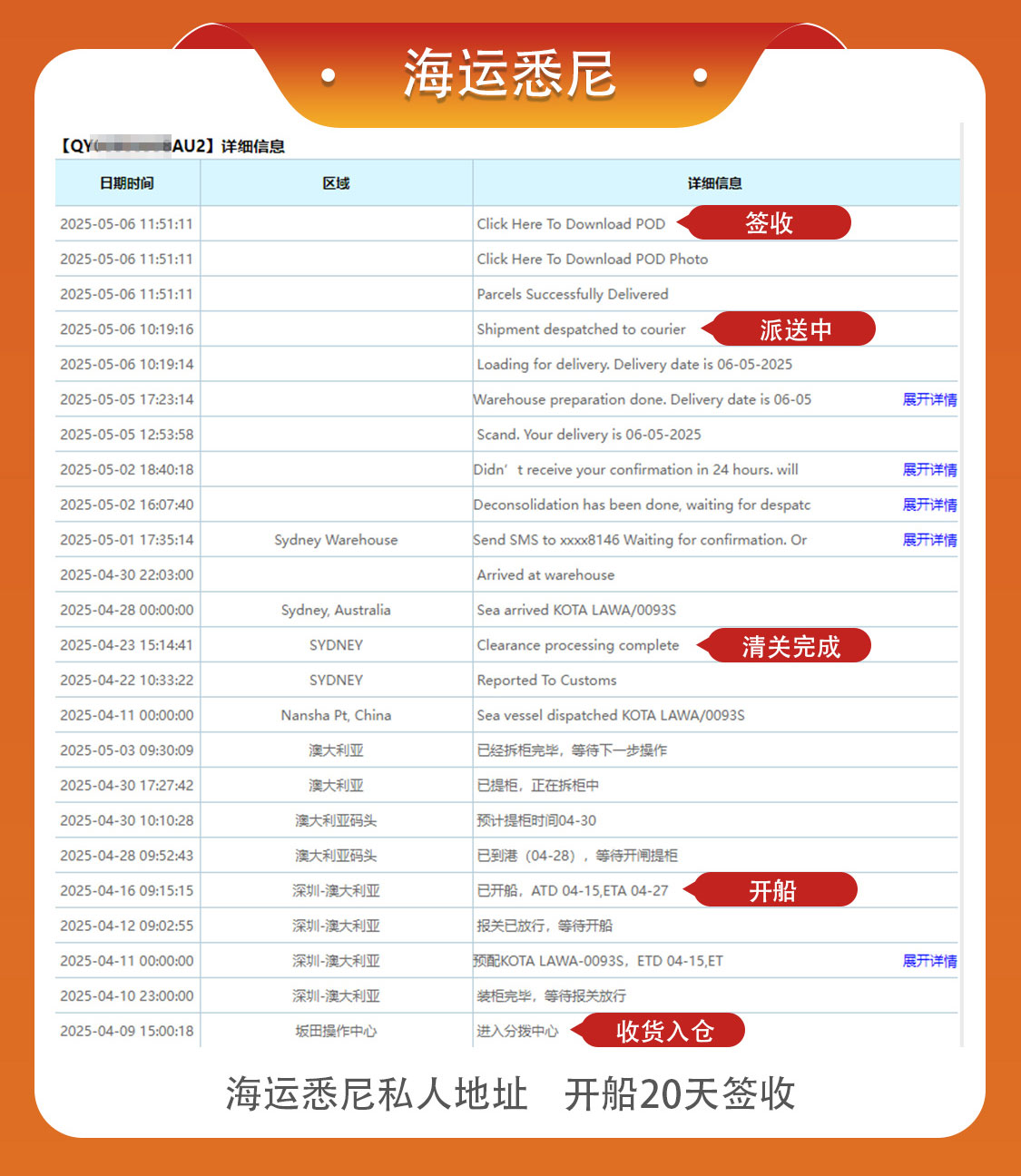 海运悉尼私人地址时效 海运悉尼：海运悉尼私人地址 开船20天签收