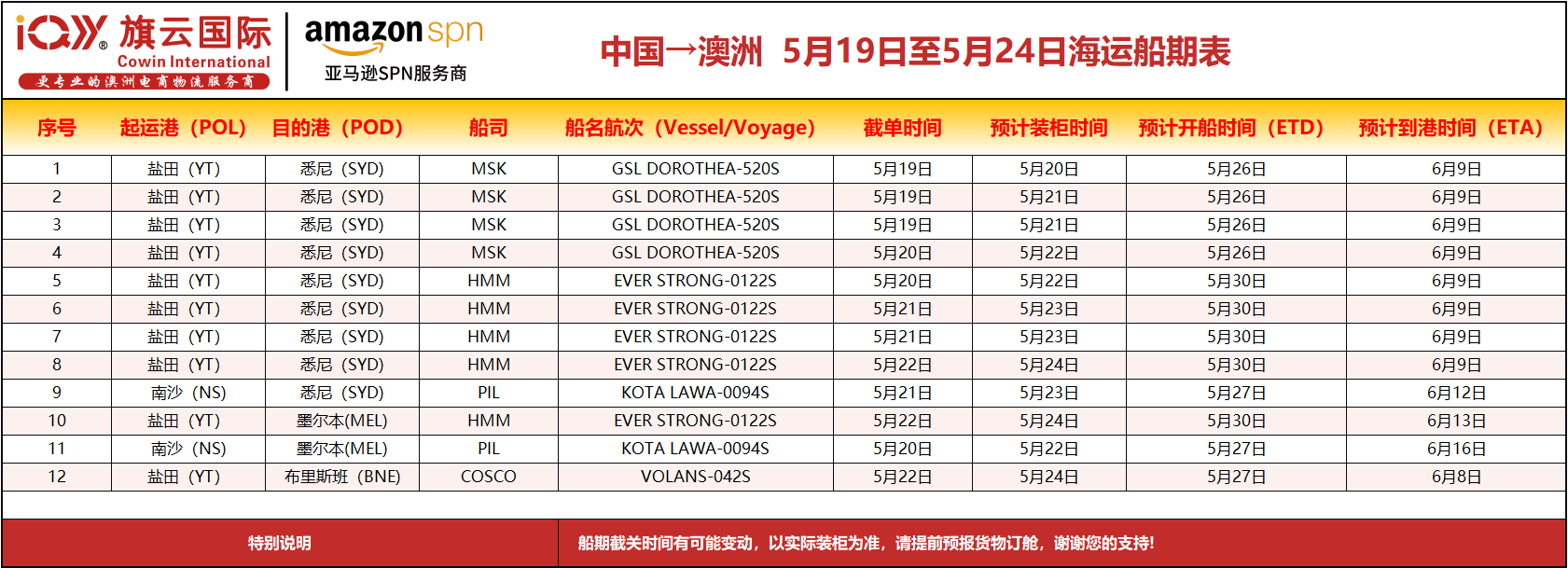 旗云国际物流2025年5月19日-5月24日澳洲海运装柜计划