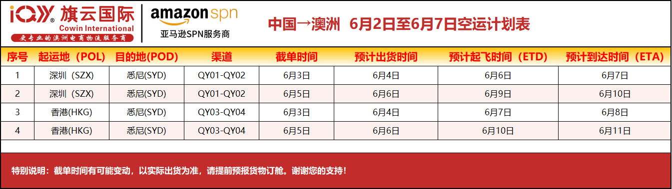 旗云国际物流-澳洲专线：2025年6月2日-6月7日装柜计划