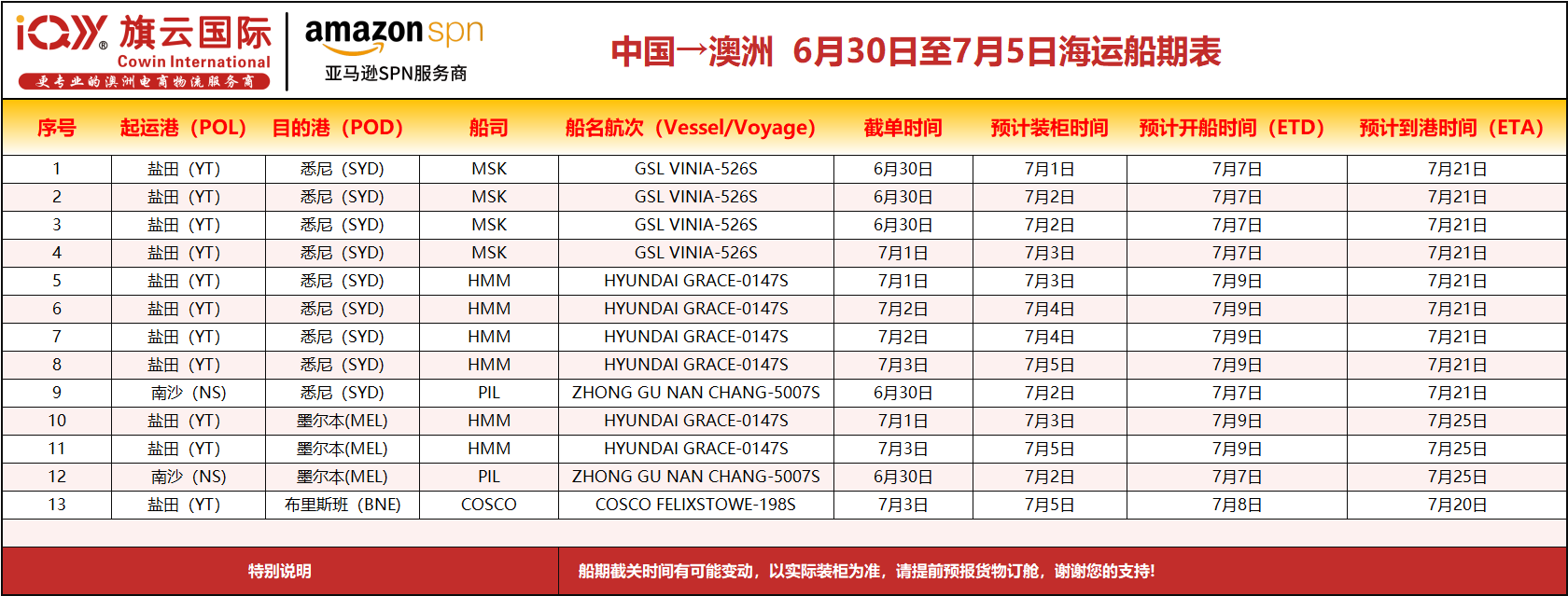 旗云国际-澳洲专线：2025年6月30日-7月5日装柜计划