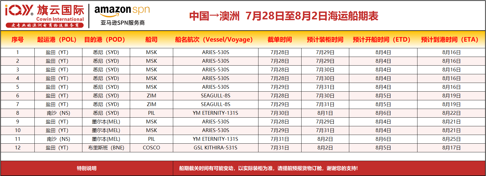 旗云国际-澳洲专线：2025年7月28日-8月2日装柜计划