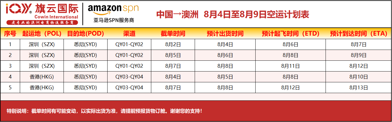旗云国际-澳洲专线：2025年8月4日-8月9日装柜计划