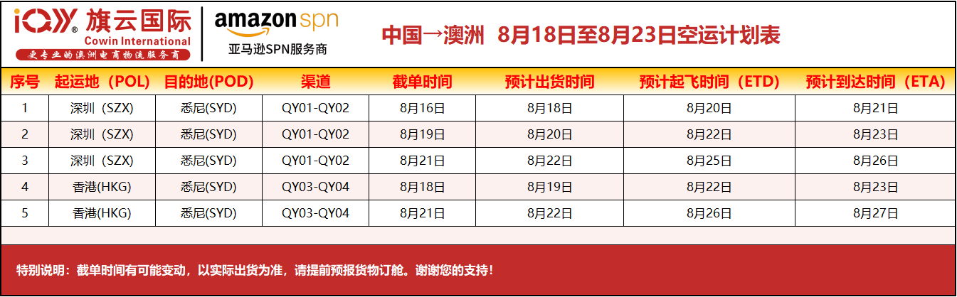 旗云国际-澳洲专线：2025年8月18日-8月23日装柜计划