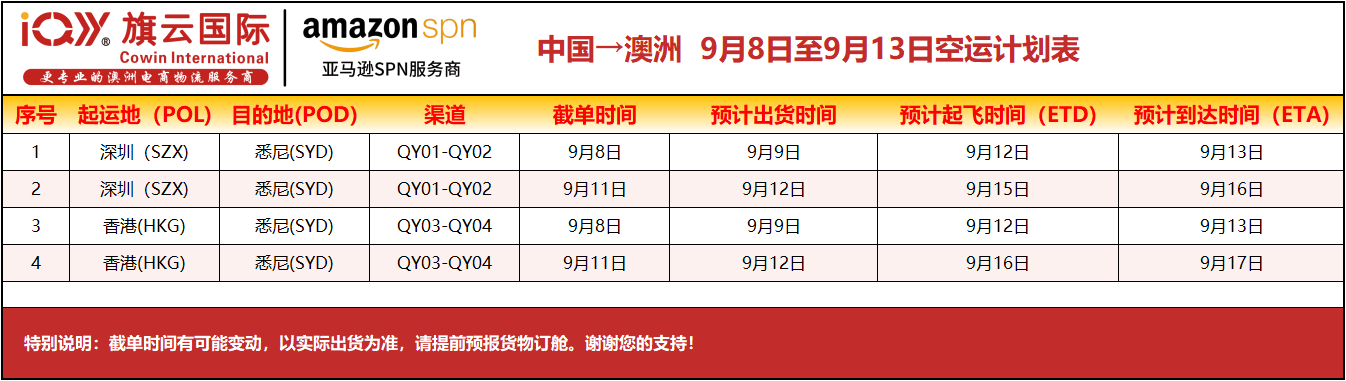 2025年9月8日-9月13日澳洲专线装柜计划