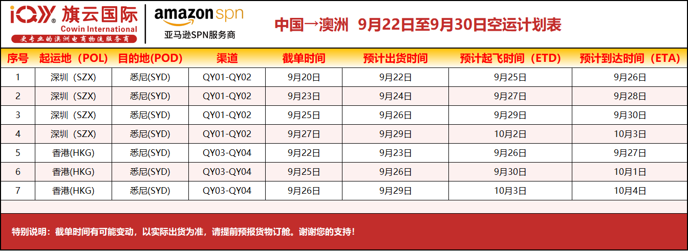 旗云国际-澳洲专线：2025年9月22日-9月30日装柜计划
