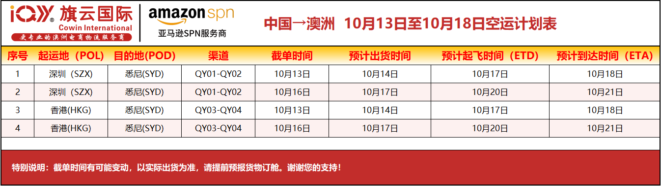 澳洲专线2025年10月13日-10月18日装柜计划