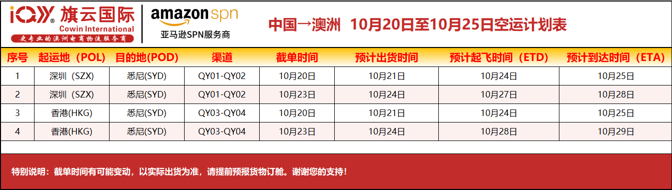 旗云国际-澳洲专线：2025年10月20日-10月25日空运计划